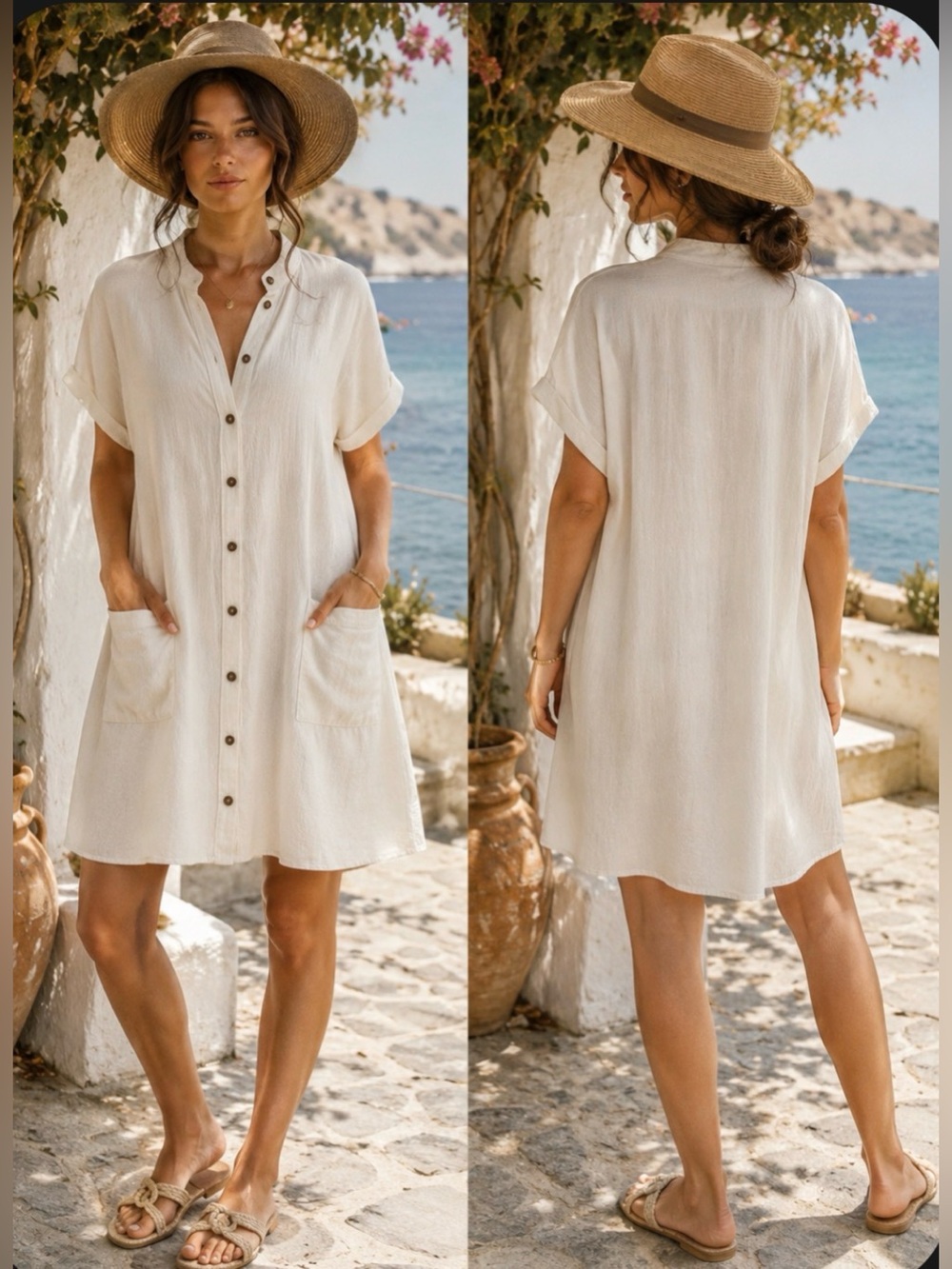Women’s White Cream Short Sleeve Resort Cottagecore Coastal Shirt Dress Medium